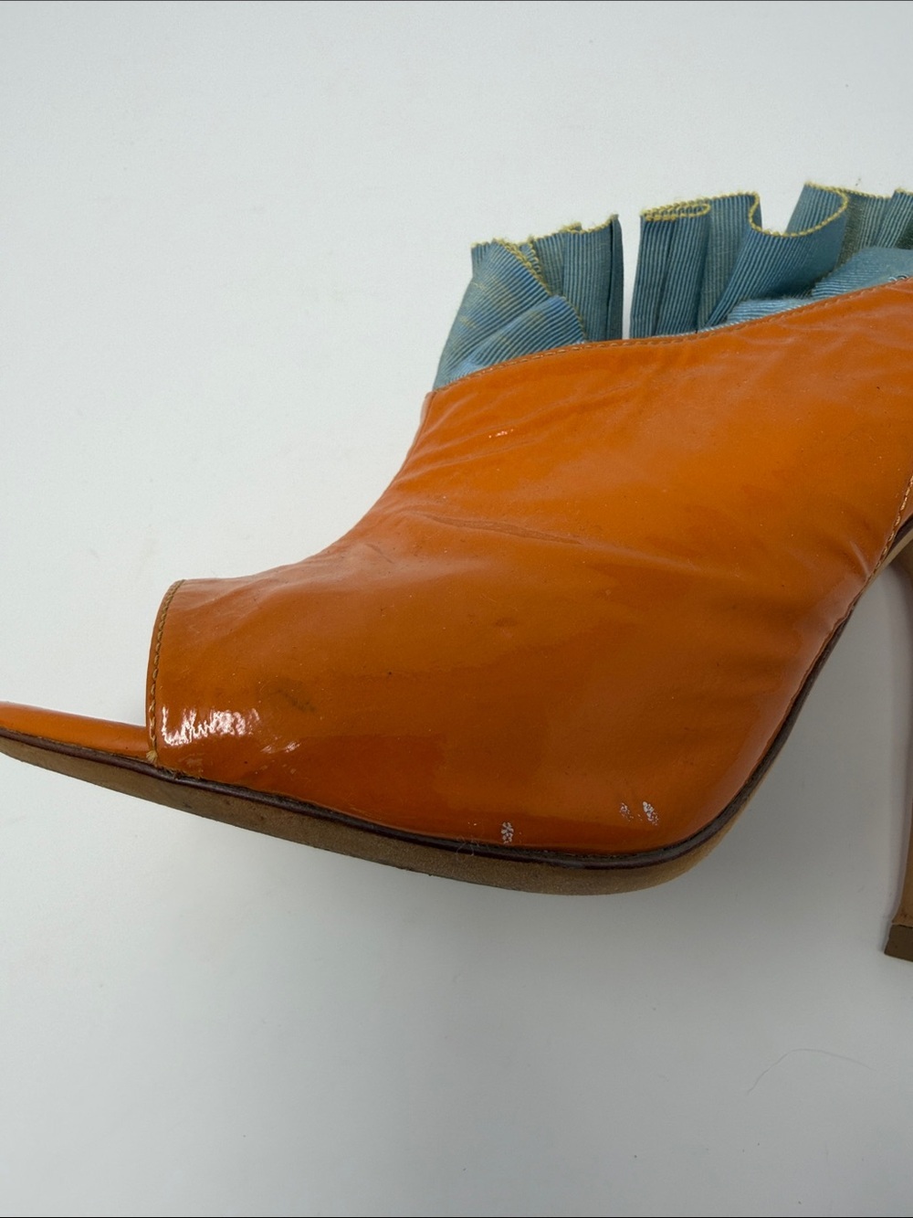 Sergio Rossi Orange Patent Peep-Toe Ruffle Ankle Boots - Picture 6 of 7